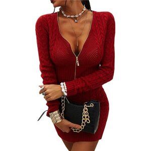 Womens Zipper V-Neck Casual Slim Fit Mini Dress Wine Red